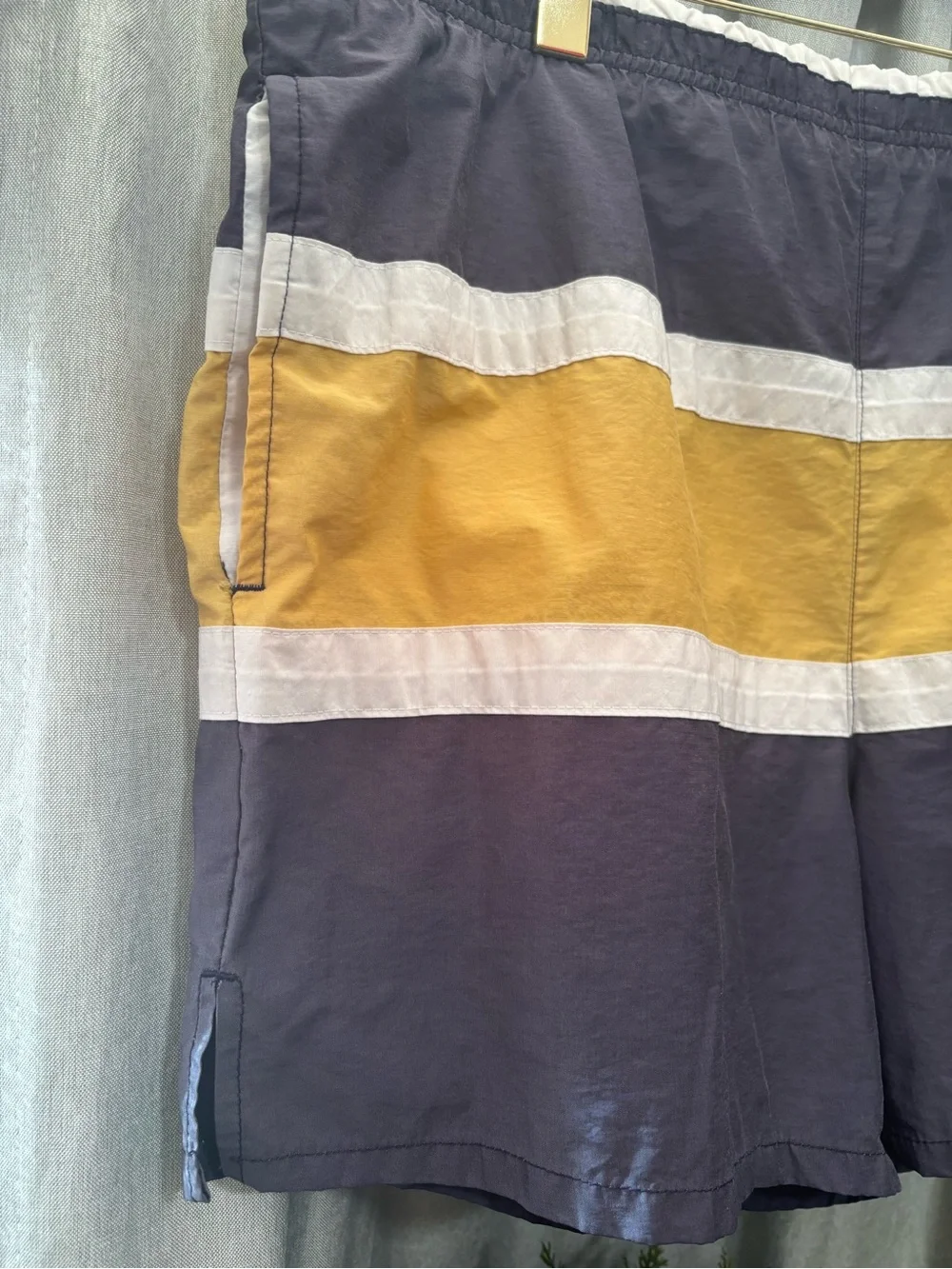 Vintage Rainforest Color Block Swim Trunks Mens Medium Navy Yellow Nylon Mesh Li